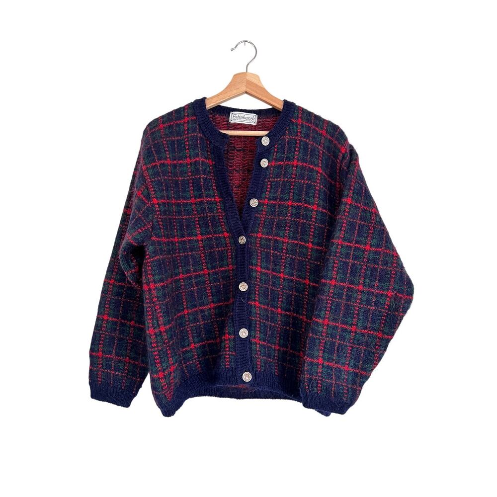 Vintage Edinburgh Heritage Plaid Tartan Knit Cardigan - UK Made Size Large